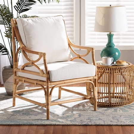 Baxton Studio Brandon Modern Bohemian White Fabric Upholstered and Natural Brown Rattan Armchair 203-12671